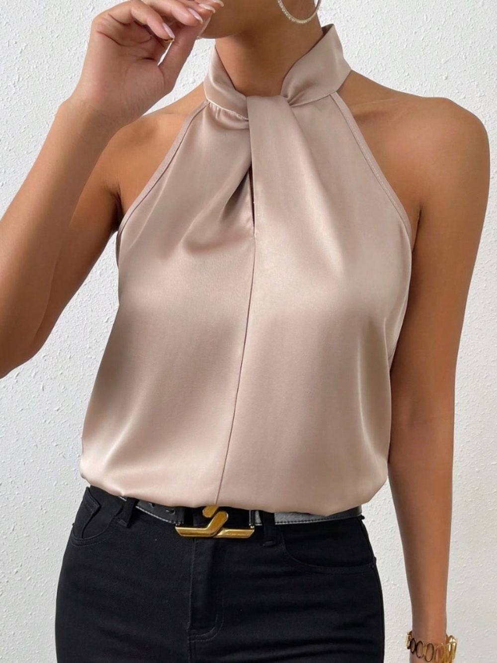 Beige Satin Halter Blouse Top Keyhole Neck Sleeveless